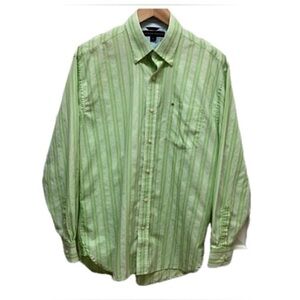 Tommy Hilfiger button down casual shirt, cotton, green white stripes, M